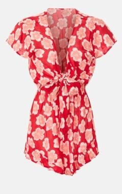 Tiare Hawaii Nia Romper Beach Cover Up Floral Red M/L